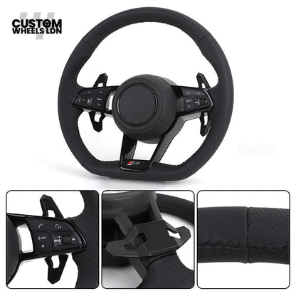 Audi Custom R8-Style Flat Bottom Steering Wheel – Black Leather, Black Stitching, Black Paddles | Fits A4, A5, S5, A6, A7, S6, S7, Q5, SQ5 + more | Plug & Play | With Airbag | Upgrade for Older Models Available
