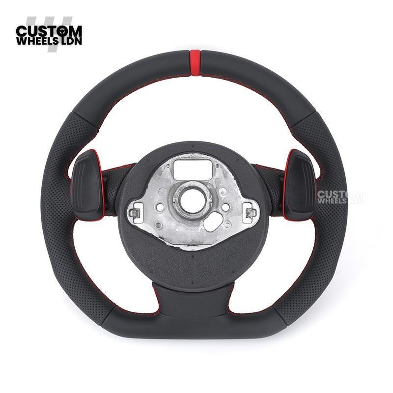 Audi Custom RS3 8V Flat Bottom Steering Wheel – Red Stitching, Red Paddles, Red Centre Stripe | Plug & Play | With Airbag