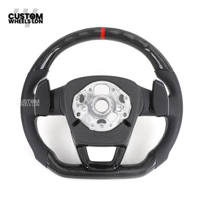 Audi Custom Q/RS Flat Bottom Steering Wheel – Carbon Top & Bottom, Red Centre Stripe, Perforated Leather, Silver Paddles | Fits Q3, Q5, SQ5, Q7, Q8, SQ8, RSQ8, A6, A7, S6, S7 + more | Plug & Play | With Airbag | Upgrade for Older Models Available