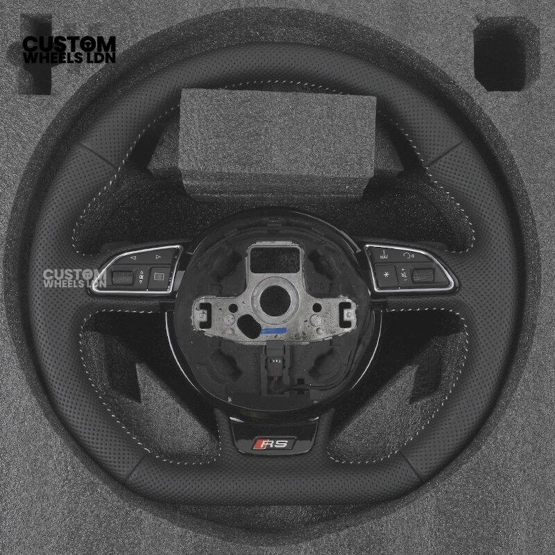 Audi Custom 8V Flat Bottom Steering Wheel – Perforated Leather, Black Stitching, Silver Paddles, RS Badge | Fits A3, S3, RS3 8V, A1, Q2, TT + more | Plug & Play | With Airbag | Upgrade for Older Models Available
