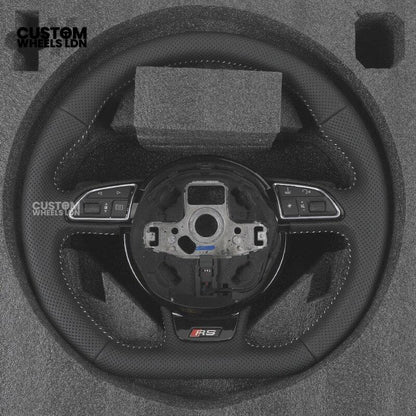 Audi Custom 8V Flat Bottom Steering Wheel – Perforated Leather, Black Stitching, Silver Paddles, RS Badge | Fits A3, S3, RS3 8V, A1, Q2, TT + more | Plug & Play | With Airbag | Upgrade for Older Models Available