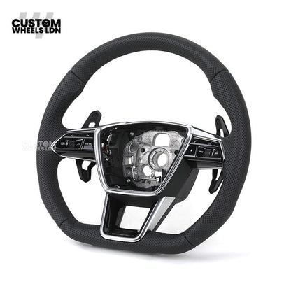 Audi Custom Q/RS Flat Bottom Steering Wheel – Perforated Leather, Black Stitching, Gloss Black Paddles, Chrome Trim | Fits Q3, Q5, SQ5, Q7, Q8, SQ8, RSQ8, A6, A7, S6, S7 + more | Plug & Play | With Airbag | Upgrade for Older Models Available