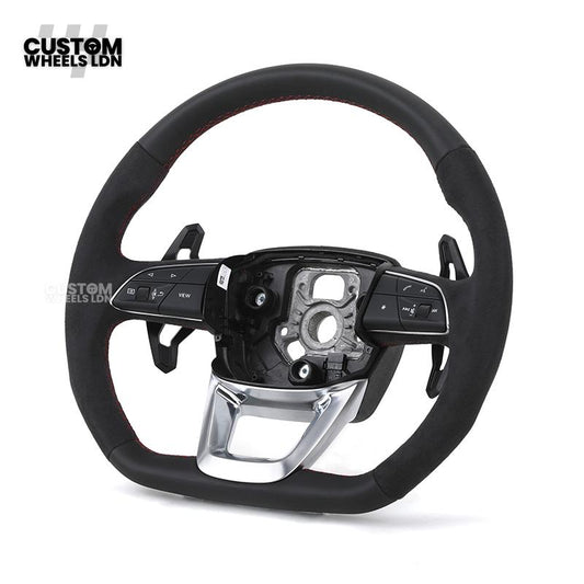 Audi Custom Q/RS Flat Bottom Steering Wheel – Alcantara Grip, Red Stitching, Black Paddles, Silver Trim | Fits Q3, Q5, SQ5, Q7, Q8, A6, A7, S6, S7 + more | Plug & Play | With Airbag | Upgrade for Older Models Available