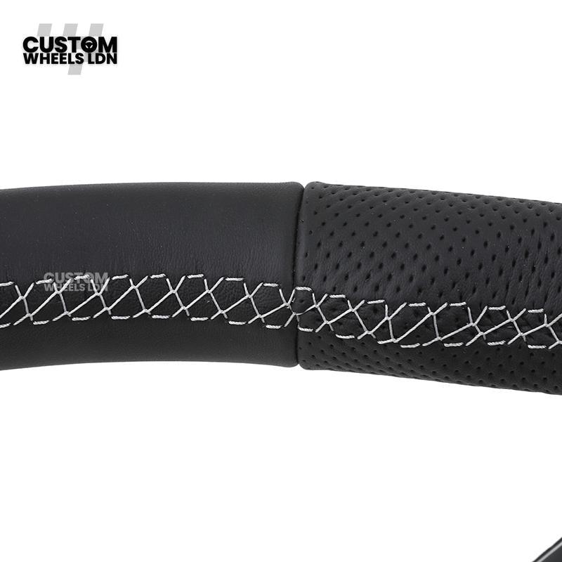 Audi Custom Q/RS Flat Bottom Steering Wheel – Black Leather, White Stitching, Perforated Grips, Silver Paddles | Fits Q3, Q5, SQ5, Q7, Q8, SQ8, RSQ8, A6, A7, S6, S7 + more | Plug & Play | With Airbag | Upgrade for Older Models Available
