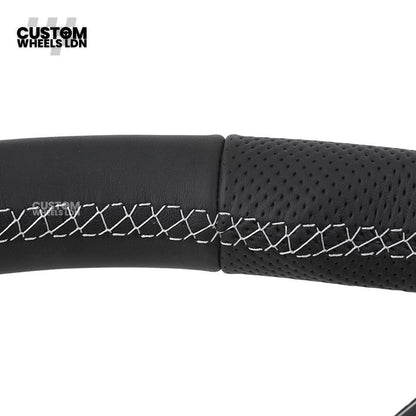 Audi Custom Q/RS Flat Bottom Steering Wheel – Black Leather, White Stitching, Perforated Grips, Silver Paddles | Fits Q3, Q5, SQ5, Q7, Q8, SQ8, RSQ8, A6, A7, S6, S7 + more | Plug & Play | With Airbag | Upgrade for Older Models Available