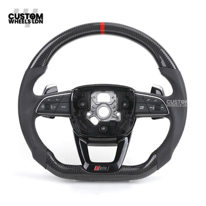 Audi Custom Q/RS Flat Bottom Steering Wheel – Carbon Top & Bottom, Red Centre Stripe, Perforated Leather, Silver Paddles | Fits Q3, Q5, SQ5, Q7, Q8, SQ8, RSQ8, A6, A7, S6, S7 + more | Plug & Play | With Airbag | Upgrade for Older Models Available