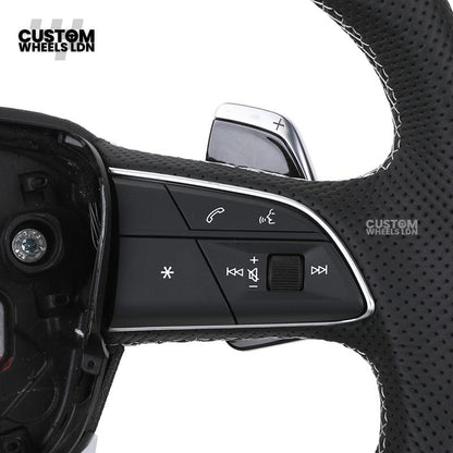 Audi Custom Q/RS Flat Bottom Steering Wheel – Black Leather, White Stitching, Perforated Grips, Silver Paddles | Fits Q3, Q5, SQ5, Q7, Q8, SQ8, RSQ8, A6, A7, S6, S7 + more | Plug & Play | With Airbag | Upgrade for Older Models Available