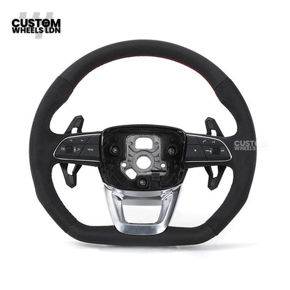 Audi Custom Q/RS Flat Bottom Steering Wheel – Alcantara Grip, Red Stitching, Black Paddles, Silver Trim | Fits Q3, Q5, SQ5, Q7, Q8, A6, A7, S6, S7 + more | Plug & Play | With Airbag | Upgrade for Older Models Available
