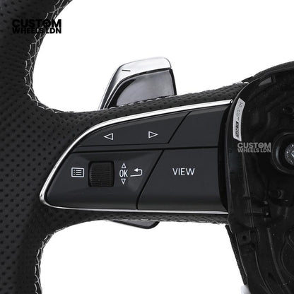 Audi Custom Q/RS Flat Bottom Steering Wheel – Black Leather, White Stitching, Perforated Grips, Silver Paddles | Fits Q3, Q5, SQ5, Q7, Q8, SQ8, RSQ8, A6, A7, S6, S7 + more | Plug & Play | With Airbag | Upgrade for Older Models Available