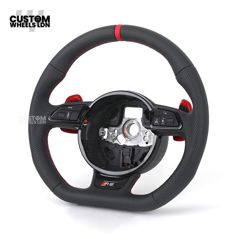 Audi Custom RS3 8V Flat Bottom Steering Wheel – Red Stitching, Red Paddles, Red Centre Stripe | Plug & Play | With Airbag