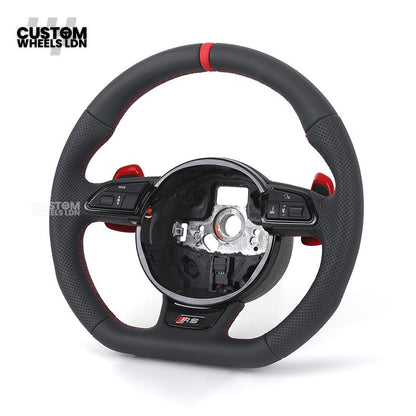 Audi Custom RS3 8V Flat Bottom Steering Wheel – Red Stitching, Red Paddles, Red Centre Stripe | Plug & Play | With Airbag