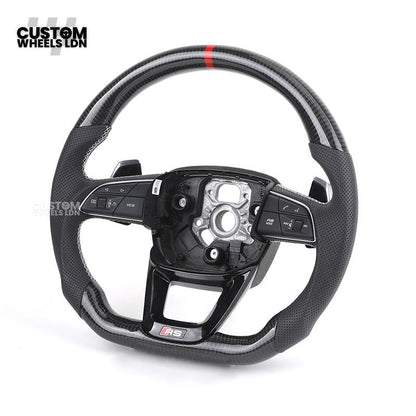Audi Custom Q/RS Flat Bottom Steering Wheel – Carbon Top & Bottom, Red Centre Stripe, Perforated Leather, Silver Paddles | Fits Q3, Q5, SQ5, Q7, Q8, SQ8, RSQ8, A6, A7, S6, S7 + more | Plug & Play | With Airbag | Upgrade for Older Models Available