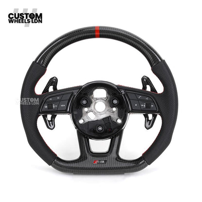 Audi Custom B9 Flat Bottom Steering Wheel – Carbon Top & Bottom, Red Centre Stripe, Red Stitching, Carbon Paddles, RS Badge | Fits A3, S3, RS3, A4, S4, A5, S5, Q5, SQ5 + more | Plug & Play | With Airbag | Upgrade for Older Models Available