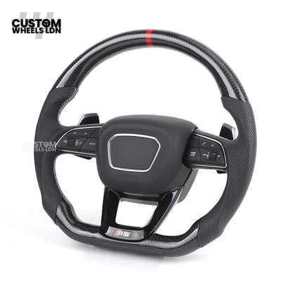Audi Custom Q/RS Flat Bottom Steering Wheel – Carbon Top & Bottom, Red Centre Stripe, Perforated Leather, Silver Paddles | Fits Q3, Q5, SQ5, Q7, Q8, SQ8, RSQ8, A6, A7, S6, S7 + more | Plug & Play | With Airbag | Upgrade for Older Models Available