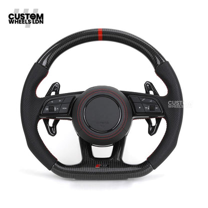 Audi Custom B9 Flat Bottom Steering Wheel – Carbon Top & Bottom, Red Centre Stripe, Red Stitching, Carbon Paddles, RS Badge | Fits A3, S3, RS3, A4, S4, A5, S5, Q5, SQ5 + more | Plug & Play | With Airbag | Upgrade for Older Models Available