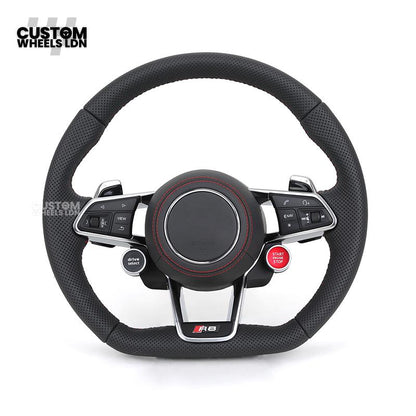 Audi Custom R8-Style Flat Bottom Steering Wheel – Perforated Leather, Red Stitching, Silver Paddles, Start Button | Fits A4, A5, S5, A6, A7, S6, S7, Q5, SQ5 + more | Plug & Play | With Airbag | Upgrade for Older Models Available
