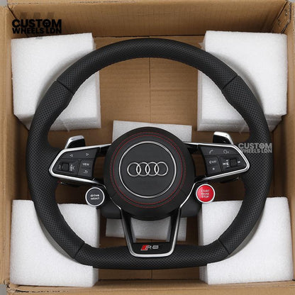 Audi Custom R8-Style Flat Bottom Steering Wheel – Perforated Leather, Red Stitching, Silver Paddles, Start Button | Fits A4, A5, S5, A6, A7, S6, S7, Q5, SQ5 + more | Plug & Play | With Airbag | Upgrade for Older Models Available