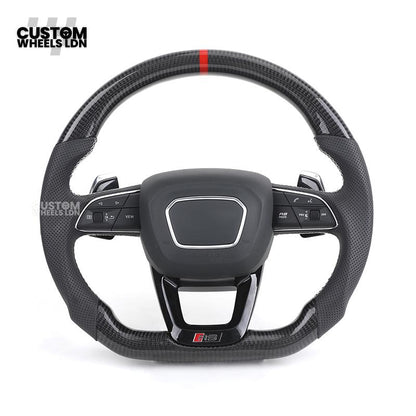 Audi Custom Q/RS Flat Bottom Steering Wheel – Carbon Top & Bottom, Red Centre Stripe, Perforated Leather, Silver Paddles | Fits Q3, Q5, SQ5, Q7, Q8, SQ8, RSQ8, A6, A7, S6, S7 + more | Plug & Play | With Airbag | Upgrade for Older Models Available
