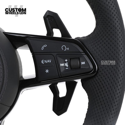 Audi Custom R8-Style Flat Bottom Steering Wheel – Black Leather, Black Stitching, Black Paddles | Fits A4, A5, S5, A6, A7, S6, S7, Q5, SQ5 + more | Plug & Play | With Airbag | Upgrade for Older Models Available
