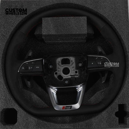 Audi Custom Q/RS Flat Bottom Steering Wheel – Alcantara Grip, Red Stitching, Black Paddles, Silver Trim | Fits Q3, Q5, SQ5, Q7, Q8, A6, A7, S6, S7 + more | Plug & Play | With Airbag | Upgrade for Older Models Available