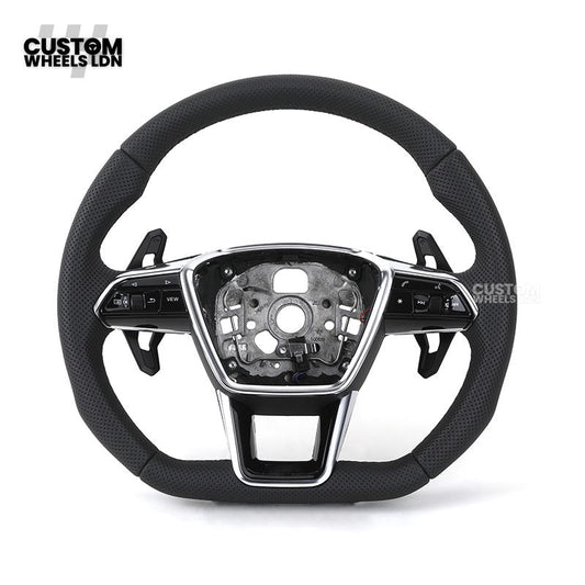 Audi Custom Q/RS Flat Bottom Steering Wheel – Perforated Leather, Black Stitching, Gloss Black Paddles, Chrome Trim | Fits Q3, Q5, SQ5, Q7, Q8, SQ8, RSQ8, A6, A7, S6, S7 + more | Plug & Play | With Airbag | Upgrade for Older Models Available