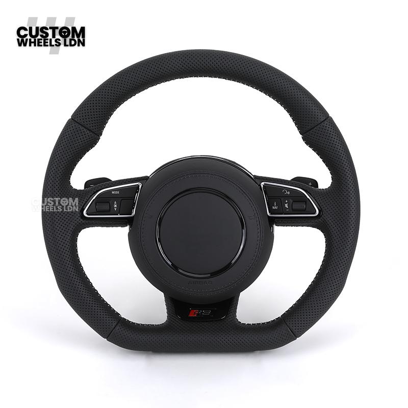 Audi Custom 8V Flat Bottom Steering Wheel – Perforated Leather, Black Stitching, Silver Paddles, RS Badge | Fits A3, S3, RS3 8V, A1, Q2, TT + more | Plug & Play | With Airbag | Upgrade for Older Models Available