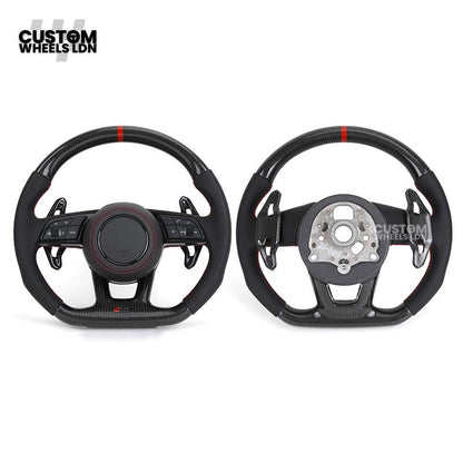 Audi Custom B9 Flat Bottom Steering Wheel – Carbon Top & Bottom, Red Centre Stripe, Red Stitching, Carbon Paddles, RS Badge | Fits A3, S3, RS3, A4, S4, A5, S5, Q5, SQ5 + more | Plug & Play | With Airbag | Upgrade for Older Models Available