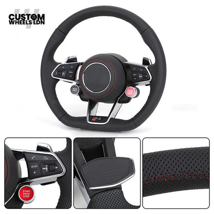 Audi Custom R8-Style Flat Bottom Steering Wheel – Perforated Leather, Red Stitching, Silver Paddles, Start Button | Fits A4, A5, S5, A6, A7, S6, S7, Q5, SQ5 + more | Plug & Play | With Airbag | Upgrade for Older Models Available