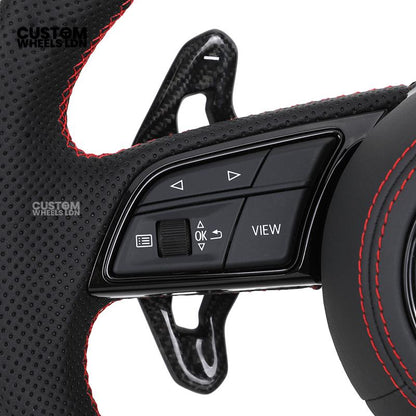 Audi Custom B9 Flat Bottom Steering Wheel – Carbon Top & Bottom, Red Centre Stripe, Red Stitching, Carbon Paddles, RS Badge | Fits A3, S3, RS3, A4, S4, A5, S5, Q5, SQ5 + more | Plug & Play | With Airbag | Upgrade for Older Models Available