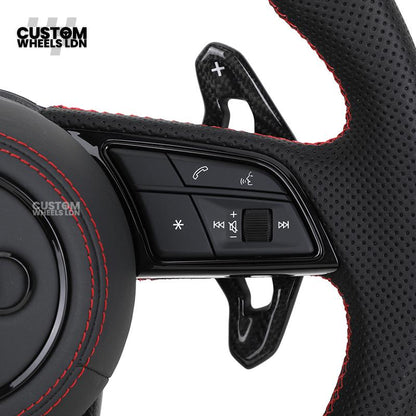 Audi Custom B9 Flat Bottom Steering Wheel – Carbon Top & Bottom, Red Centre Stripe, Red Stitching, Carbon Paddles, RS Badge | Fits A3, S3, RS3, A4, S4, A5, S5, Q5, SQ5 + more | Plug & Play | With Airbag | Upgrade for Older Models Available