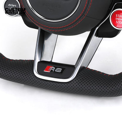 Audi Custom R8-Style Flat Bottom Steering Wheel – Perforated Leather, Red Stitching, Silver Paddles, Start Button | Fits A4, A5, S5, A6, A7, S6, S7, Q5, SQ5 + more | Plug & Play | With Airbag | Upgrade for Older Models Available