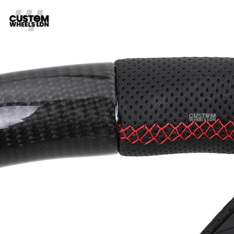 Audi Custom B9 Flat Bottom Steering Wheel – Carbon Top & Bottom, Red Centre Stripe, Red Stitching, Carbon Paddles, RS Badge | Fits A3, S3, RS3, A4, S4, A5, S5, Q5, SQ5 + more | Plug & Play | With Airbag | Upgrade for Older Models Available