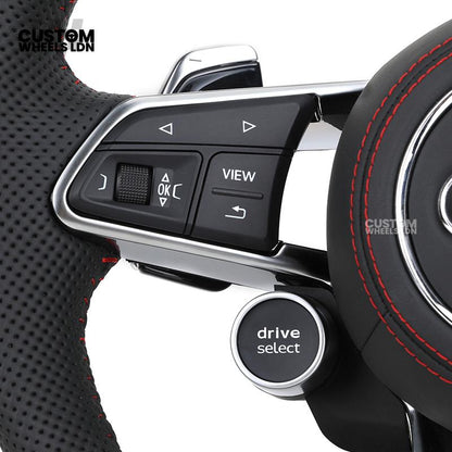 Audi Custom R8-Style Flat Bottom Steering Wheel – Perforated Leather, Red Stitching, Silver Paddles, Start Button | Fits A4, A5, S5, A6, A7, S6, S7, Q5, SQ5 + more | Plug & Play | With Airbag | Upgrade for Older Models Available