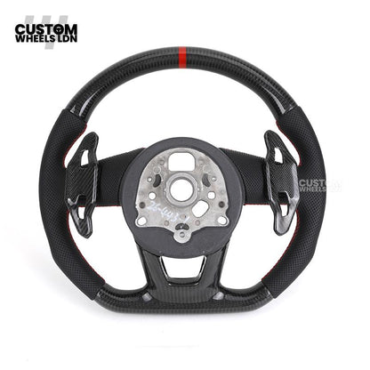 Audi Custom B9 Flat Bottom Steering Wheel – Carbon Top & Bottom, Red Centre Stripe, Red Stitching, Carbon Paddles, RS Badge | Fits A3, S3, RS3, A4, S4, A5, S5, Q5, SQ5 + more | Plug & Play | With Airbag | Upgrade for Older Models Available