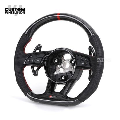 Audi Custom B9 Flat Bottom Steering Wheel – Carbon Top & Bottom, Red Centre Stripe, Red Stitching, Carbon Paddles, RS Badge | Fits A3, S3, RS3, A4, S4, A5, S5, Q5, SQ5 + more | Plug & Play | With Airbag | Upgrade for Older Models Available