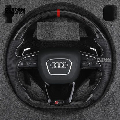 Audi Custom Q/RS Flat Bottom Steering Wheel – Carbon Top & Bottom, Red Centre Stripe, Perforated Leather, Silver Paddles | Fits Q3, Q5, SQ5, Q7, Q8, SQ8, RSQ8, A6, A7, S6, S7 + more | Plug & Play | With Airbag | Upgrade for Older Models Available