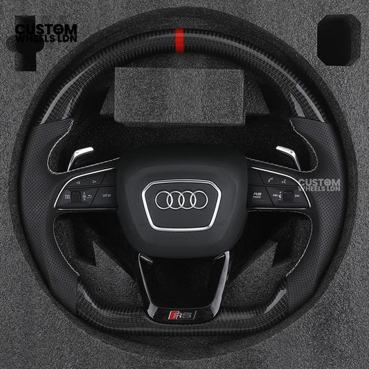 Audi Custom Q/RS Flat Bottom Steering Wheel – Carbon Top & Bottom, Red Centre Stripe, Perforated Leather, Silver Paddles | Fits Q3, Q5, SQ5, Q7, Q8, SQ8, RSQ8, A6, A7, S6, S7 + more | Plug & Play | With Airbag | Upgrade for Older Models Available