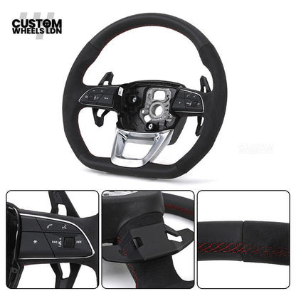 Audi Custom Q/RS Flat Bottom Steering Wheel – Alcantara Grip, Red Stitching, Black Paddles, Silver Trim | Fits Q3, Q5, SQ5, Q7, Q8, A6, A7, S6, S7 + more | Plug & Play | With Airbag | Upgrade for Older Models Available