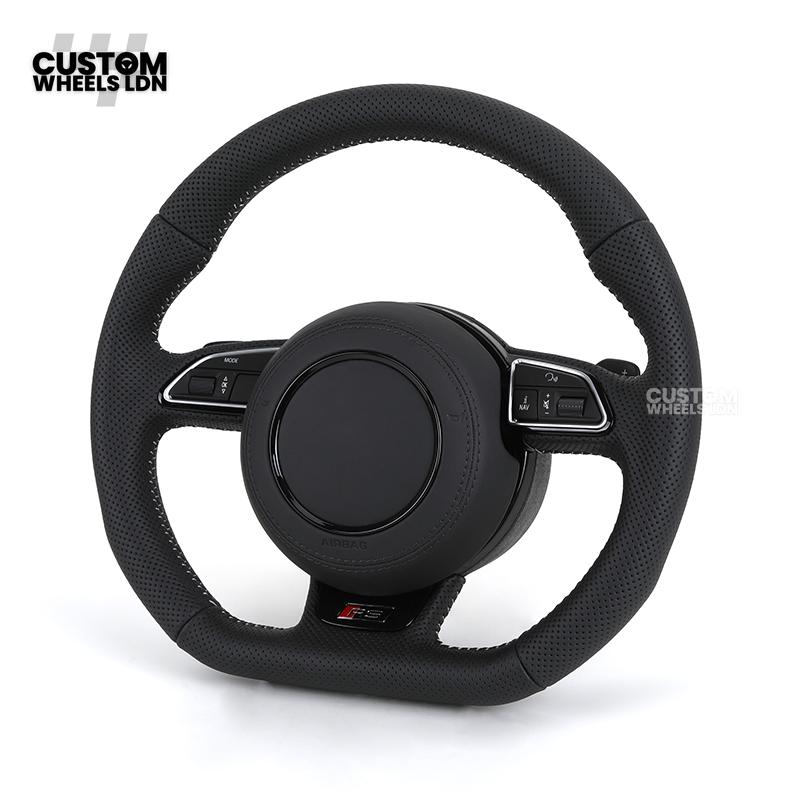 Audi Custom 8V Flat Bottom Steering Wheel – Perforated Leather, Black Stitching, Silver Paddles, RS Badge | Fits A3, S3, RS3 8V, A1, Q2, TT + more | Plug & Play | With Airbag | Upgrade for Older Models Available