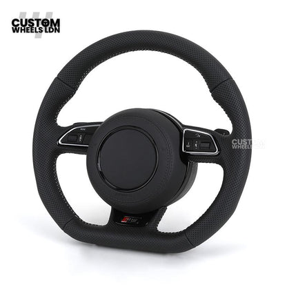 Audi Custom 8V Flat Bottom Steering Wheel – Perforated Leather, Black Stitching, Silver Paddles, RS Badge | Fits A3, S3, RS3 8V, A1, Q2, TT + more | Plug & Play | With Airbag | Upgrade for Older Models Available