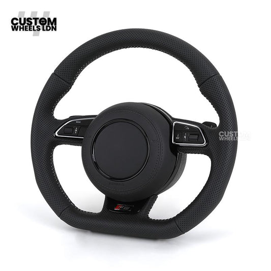 Audi Custom 8V Flat Bottom Steering Wheel – Perforated Leather, Black Stitching, Silver Paddles, RS Badge | Fits A3, S3, RS3 8V, A1, Q2, TT + more | Plug & Play | With Airbag | Upgrade for Older Models Available