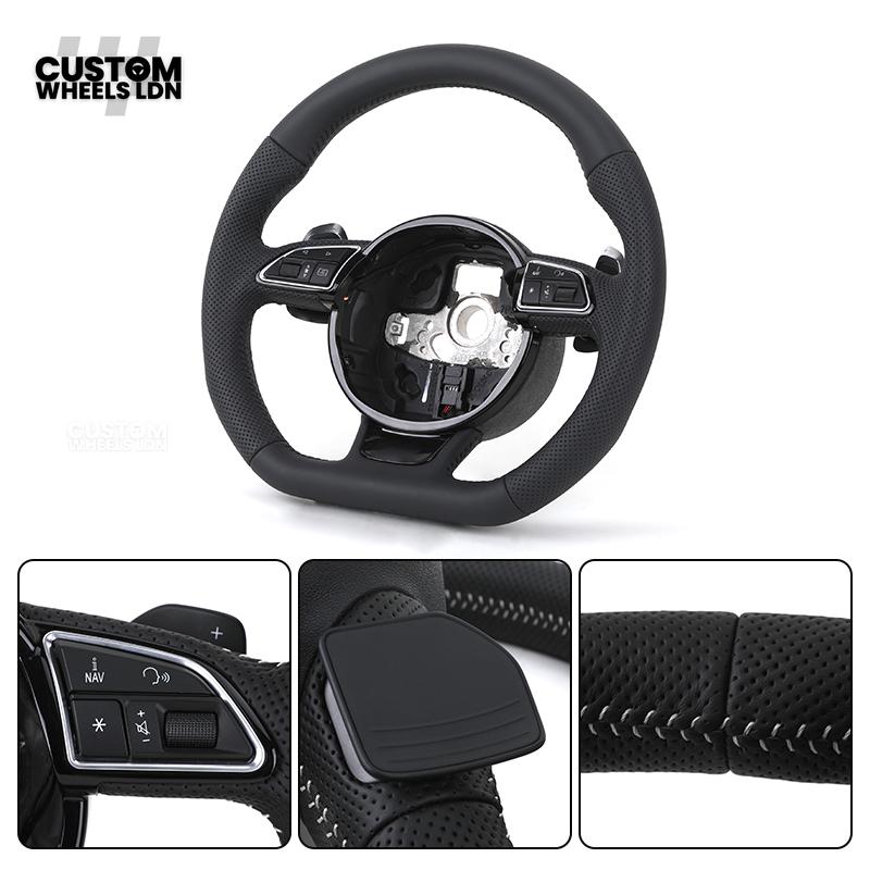 Audi Custom 8V Flat Bottom Steering Wheel – Perforated Leather, Black Stitching, Silver Paddles, RS Badge | Fits A3, S3, RS3 8V, A1, Q2, TT + more | Plug & Play | With Airbag | Upgrade for Older Models Available