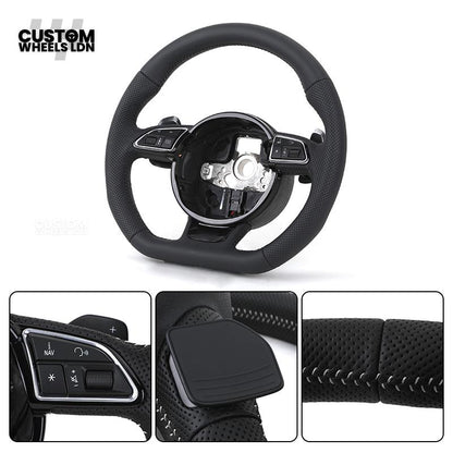 Audi Custom 8V Flat Bottom Steering Wheel – Perforated Leather, Black Stitching, Silver Paddles, RS Badge | Fits A3, S3, RS3 8V, A1, Q2, TT + more | Plug & Play | With Airbag | Upgrade for Older Models Available
