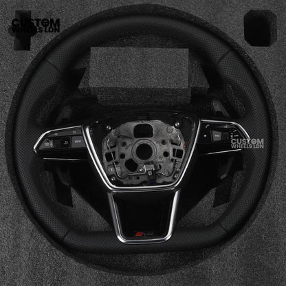 Audi Custom Q/RS Flat Bottom Steering Wheel – Perforated Leather, Black Stitching, Gloss Black Paddles, Chrome Trim | Fits Q3, Q5, SQ5, Q7, Q8, SQ8, RSQ8, A6, A7, S6, S7 + more | Plug & Play | With Airbag | Upgrade for Older Models Available