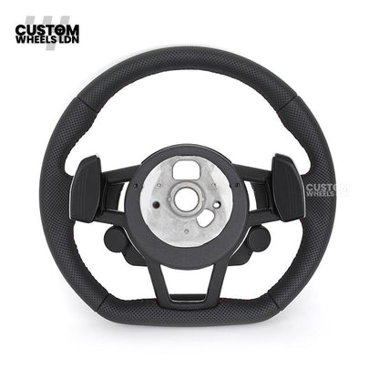 Audi Custom R8-Style Flat Bottom Steering Wheel – Perforated Leather, Red Stitching, Silver Paddles, Start Button | Fits A4, A5, S5, A6, A7, S6, S7, Q5, SQ5 + more | Plug & Play | With Airbag | Upgrade for Older Models Available