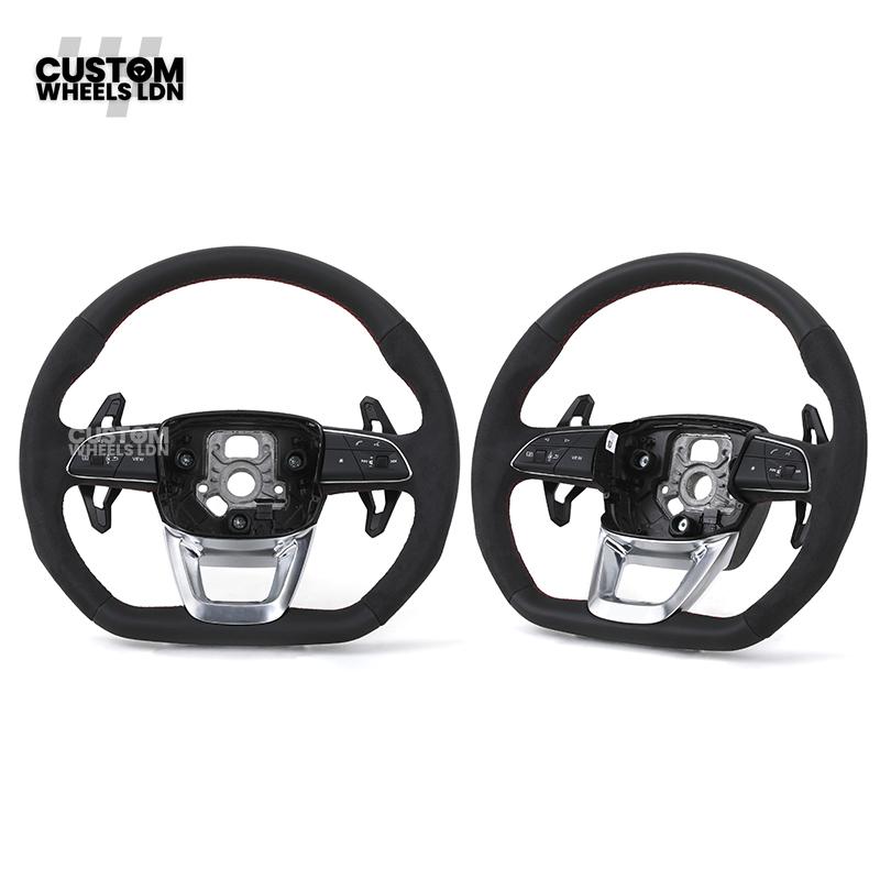 Audi Custom Q/RS Flat Bottom Steering Wheel – Alcantara Grip, Red Stitching, Black Paddles, Silver Trim | Fits Q3, Q5, SQ5, Q7, Q8, A6, A7, S6, S7 + more | Plug & Play | With Airbag | Upgrade for Older Models Available