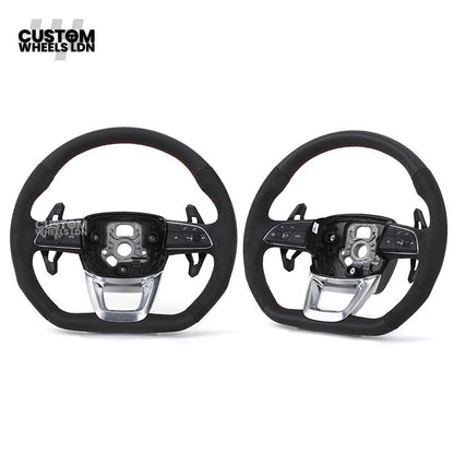 Audi Custom Q/RS Flat Bottom Steering Wheel – Alcantara Grip, Red Stitching, Black Paddles, Silver Trim | Fits Q3, Q5, SQ5, Q7, Q8, A6, A7, S6, S7 + more | Plug & Play | With Airbag | Upgrade for Older Models Available