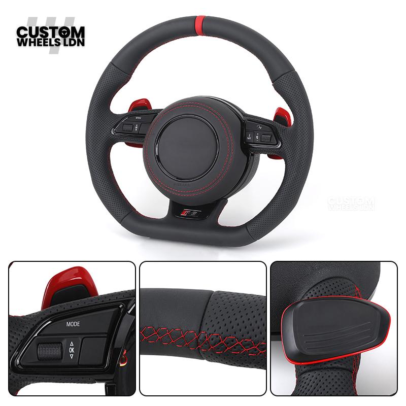 Audi Custom RS3 8V Flat Bottom Steering Wheel – Red Stitching, Red Paddles, Red Centre Stripe | Plug & Play | With Airbag