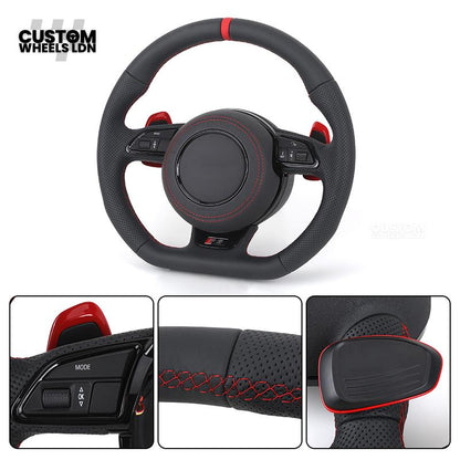 Audi Custom RS3 8V Flat Bottom Steering Wheel – Red Stitching, Red Paddles, Red Centre Stripe | Plug & Play | With Airbag