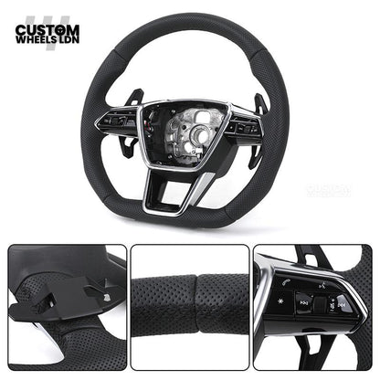 Audi Custom Q/RS Flat Bottom Steering Wheel – Perforated Leather, Black Stitching, Gloss Black Paddles, Chrome Trim | Fits Q3, Q5, SQ5, Q7, Q8, SQ8, RSQ8, A6, A7, S6, S7 + more | Plug & Play | With Airbag | Upgrade for Older Models Available